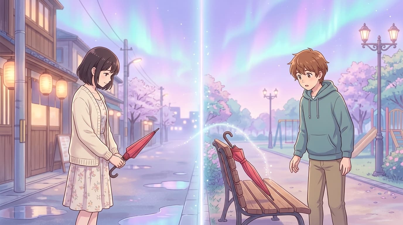 ある世界で持たれていた赤い傘が、光の粒となって別の世界のベンチへとつながっていく様子